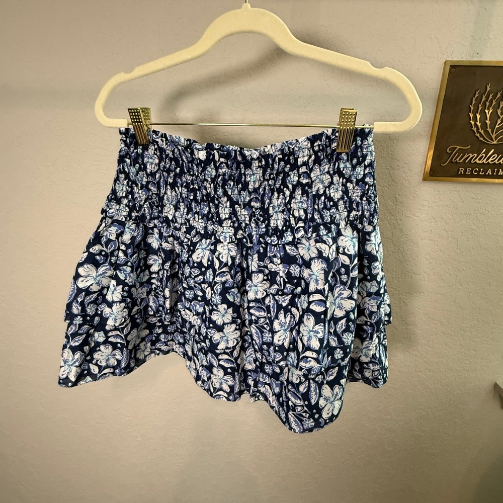 Vineyard Vines Womens Hibiscus Floral Smocked Skirt Blue White Mini M 2R001103